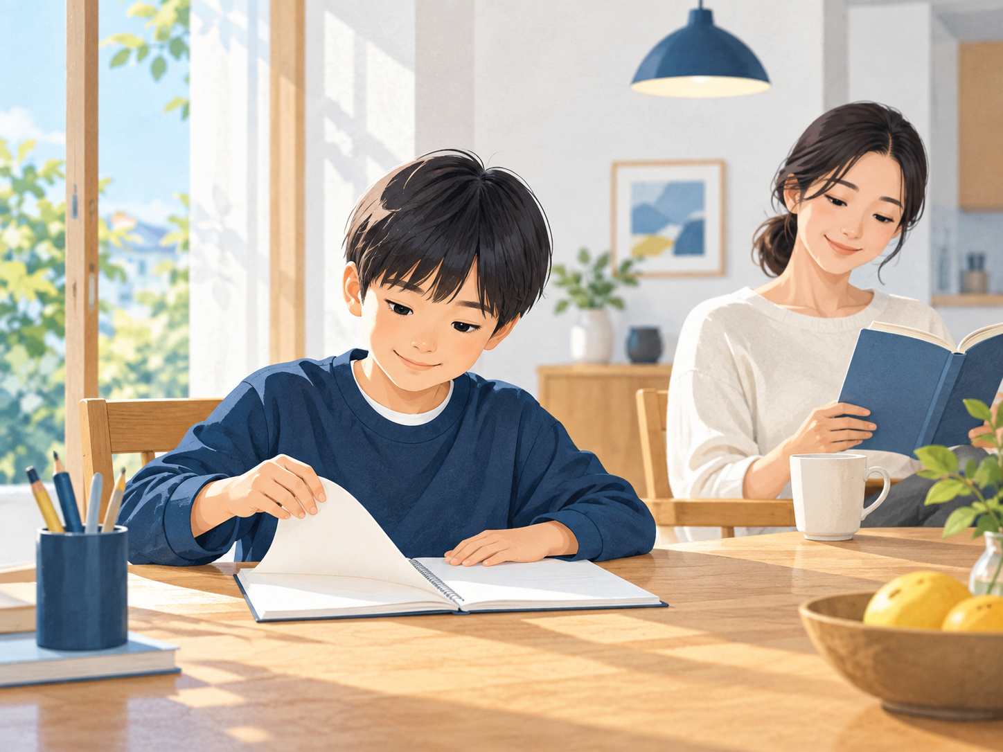 家の机でノートを開く子どもと、そばで本を読む親のイラスト